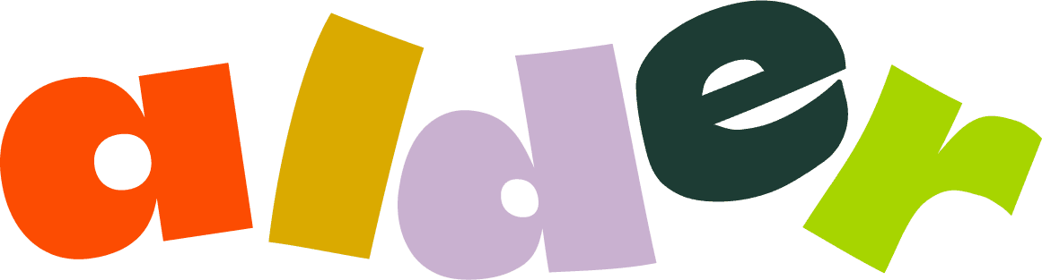Alder logo in bold lowercase geometric letters in varied colors and rotations.