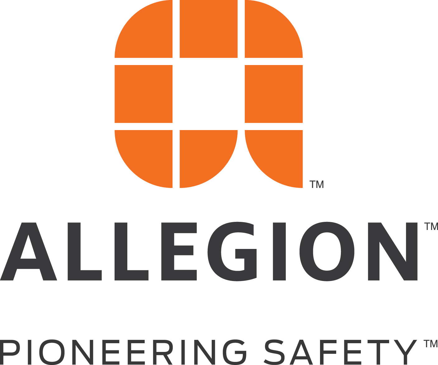 Allegion logo with an orange rounded square symbol above the wordmark and tagline.
