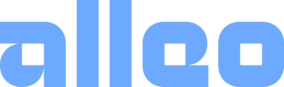 Alleo logo is a lowercase geometric sans wordmark with square counters.