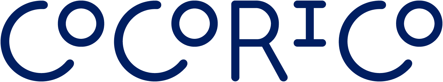 Cocorico logo is a blue wordmark reading COCORICO with round geometric letters.