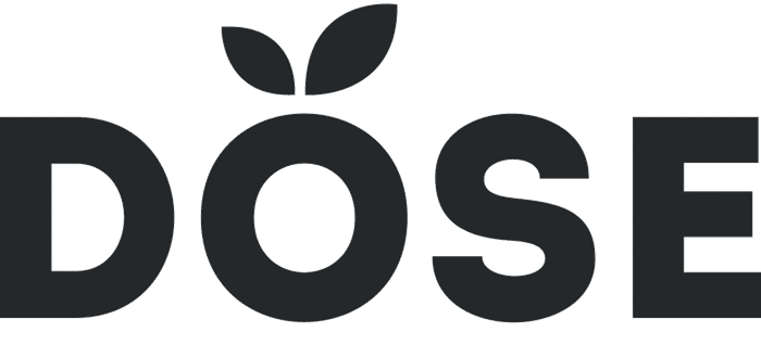 Dose logo with uppercase geometric letters and two leaves above the O.