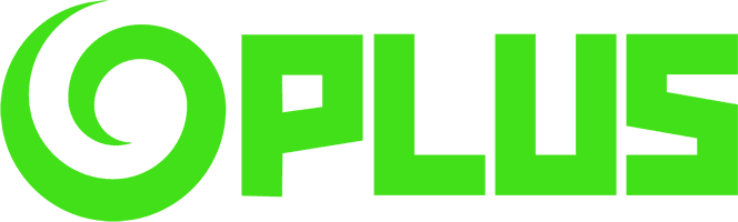 Plus logo with a green spiral symbol on the left and the word PLUS in green uppercase letters.