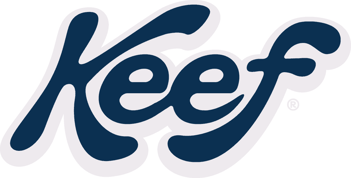 Keef logo in dark blue cursive script with a light outline.