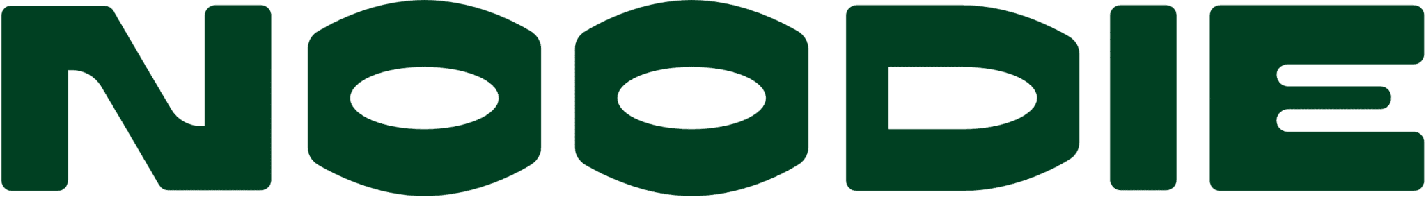 Noodie logo with bold uppercase dark green geometric lettering