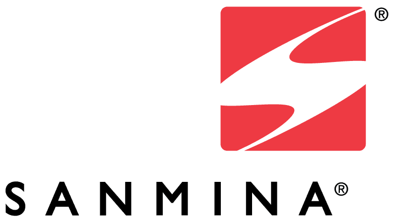 Sanmina logo with a red rounded square containing a white abstract S above the uppercase wordmark.