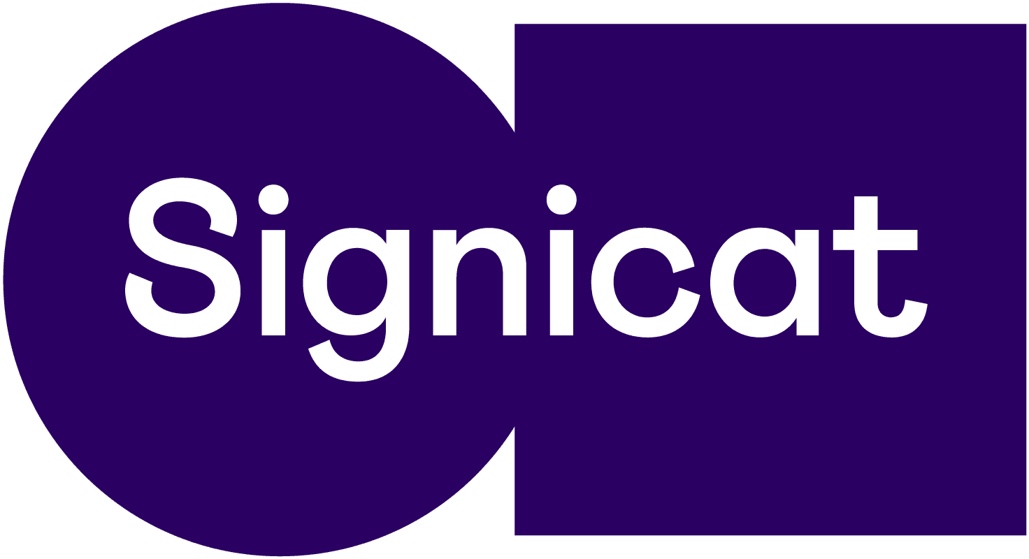 Signicat logo with white text on a purple circle and square.