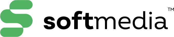 softmedia logo with abstract green S symbol on left and lowercase black wordmark
